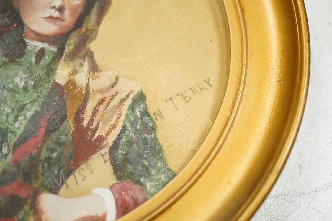 Victorian School, Portrait of a lady in mourning, oil on canvas, and 'Miss Ellen Terry', oil on silk, largest 27 x 21cm